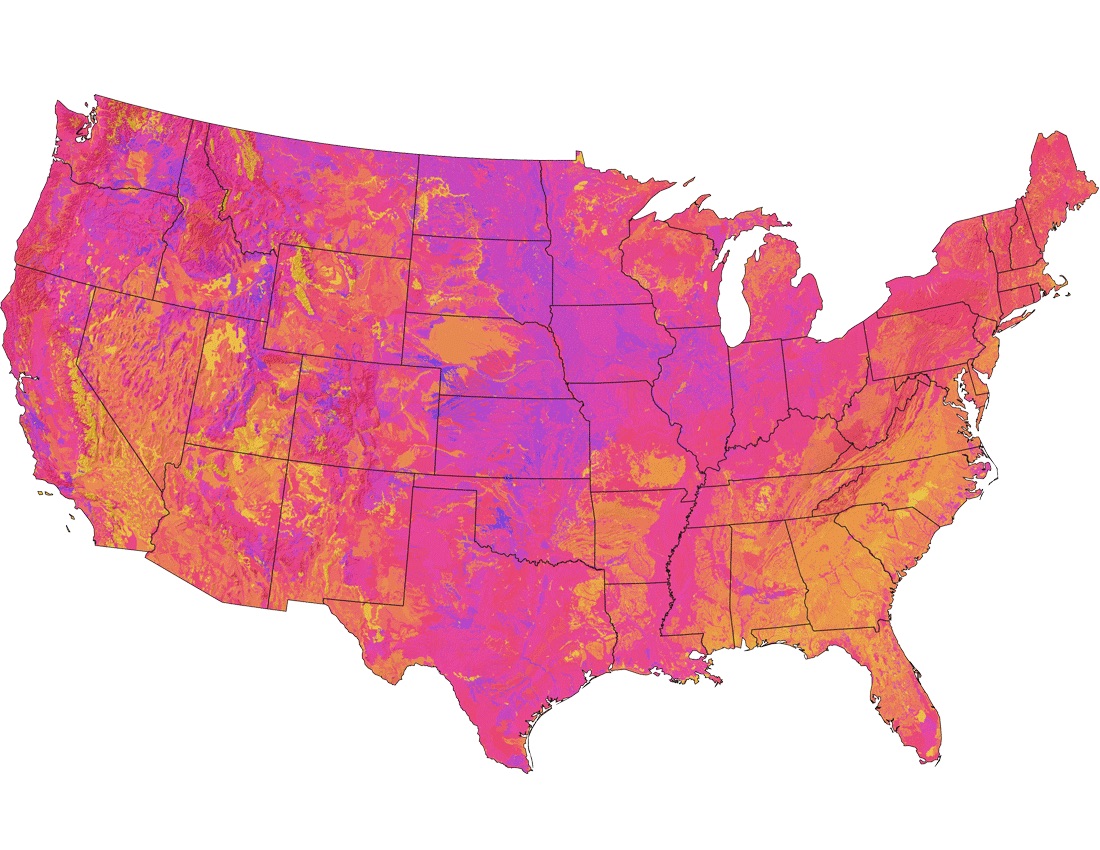 All credit to Bradley Miller, Randall Schaetzl, and Frank Krist, Jr. for their incredible work creating this soil fertility index map. The link in the caption provides a more detailed legend, but again yellow/orange soils are least fertile, pink is in between, and purple/blue soils have the highest fertility.