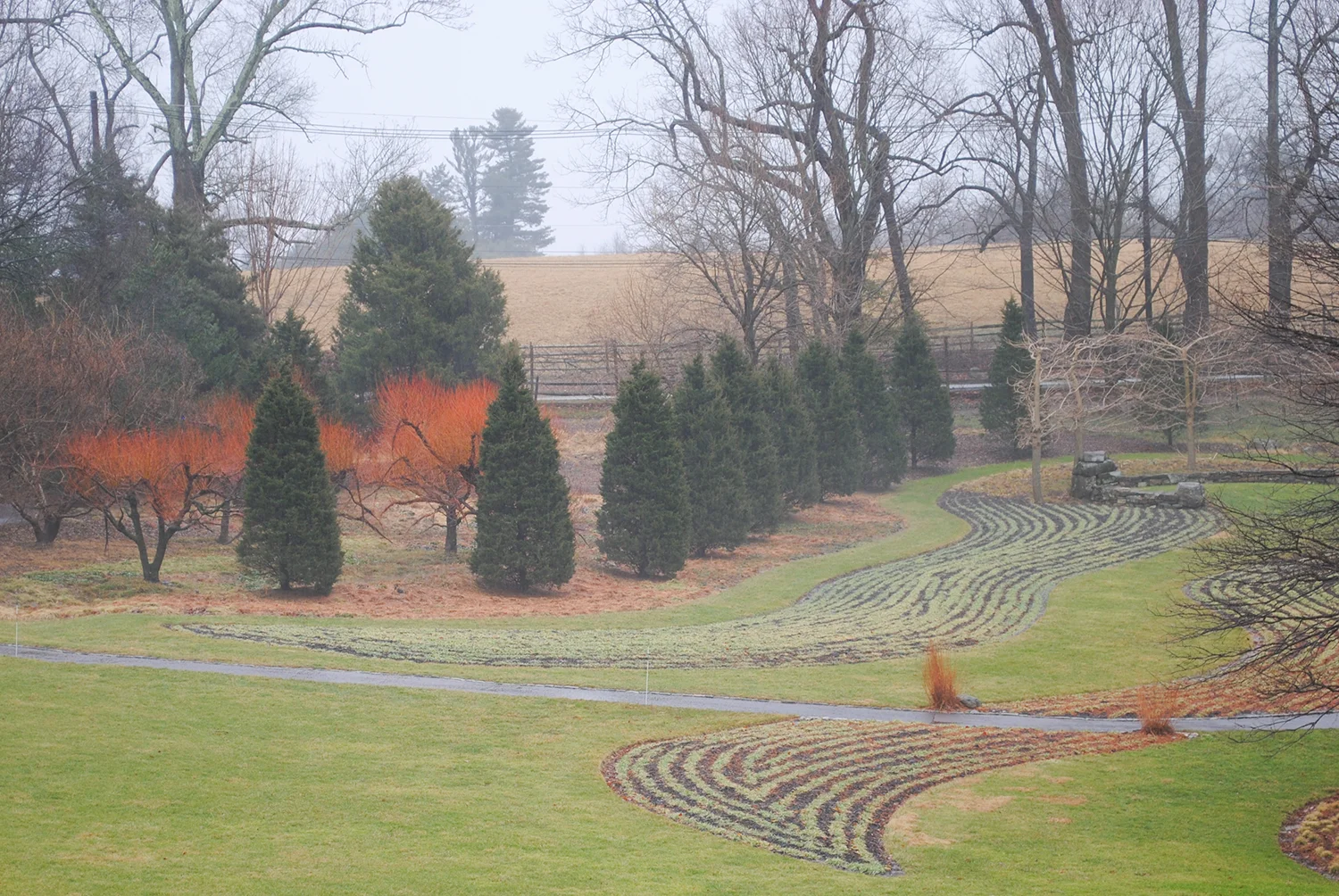 The serpentine plays homage to the agriculture crops grown in the Pennsylvania countryside and features a different crop each year. Even from a distance you can make out the bold curves of the bed. 