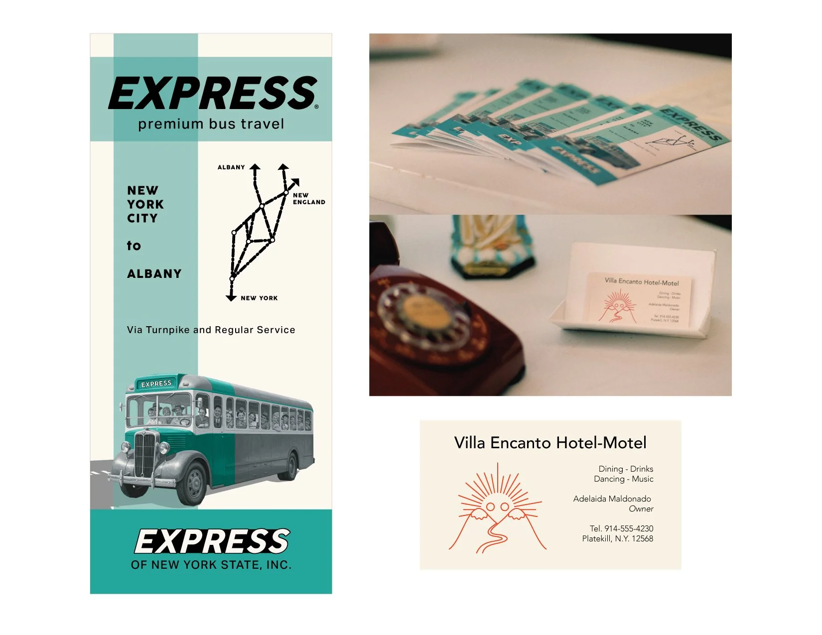  “Villa Encanto” Retro bus schedule and business card designs. 