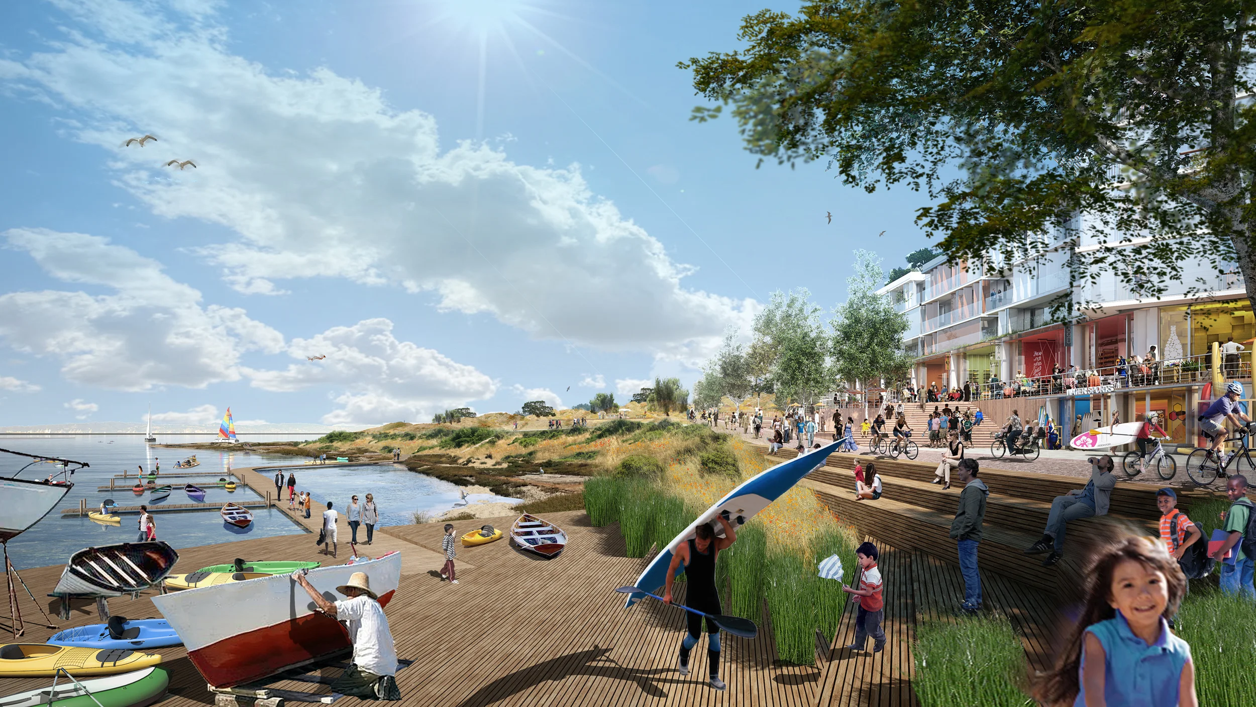 View of India Basin Marketplace and waterfront, rendering by Steel Blue