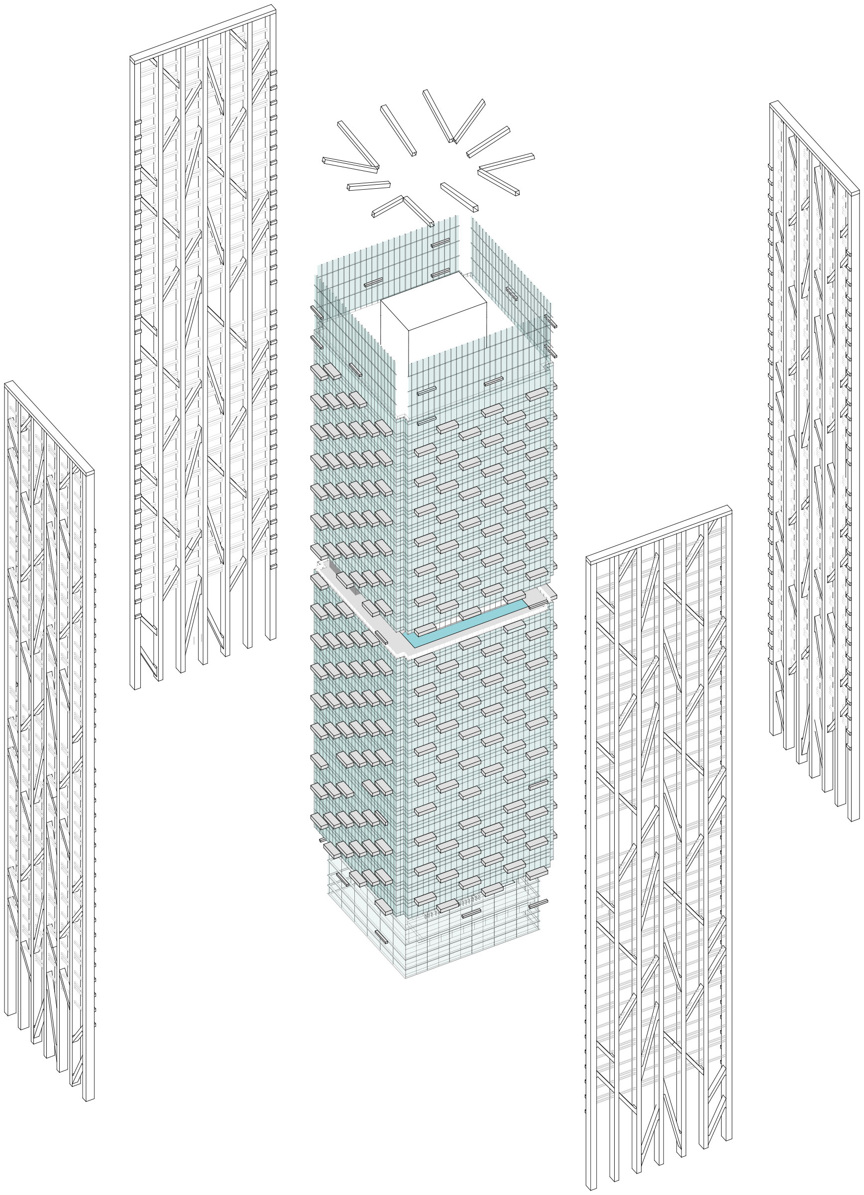 Working together like a tube, the perimeter braced frames provide lateral stability as well as additional torsional resistance and improve the global behavior of the structural system.