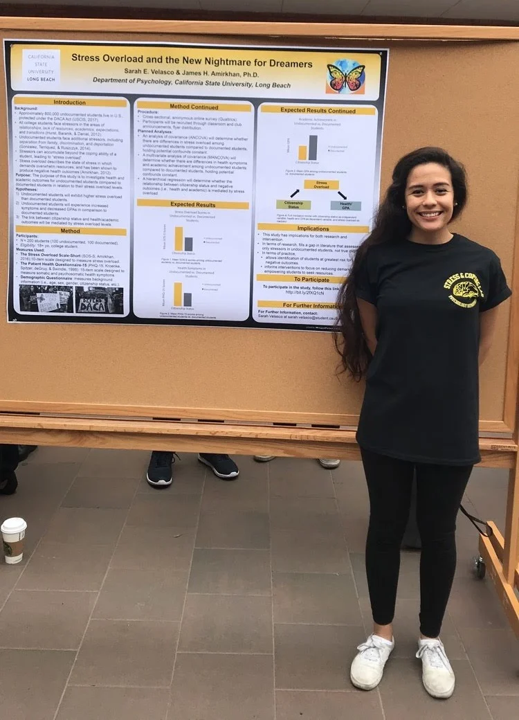 Sarah Velasco in front of the first place poster in Proposed Session of CSULB Psych Day Research Competition 2018 .