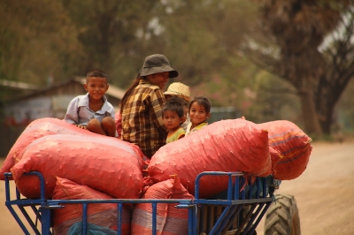 • Family travels in rural village