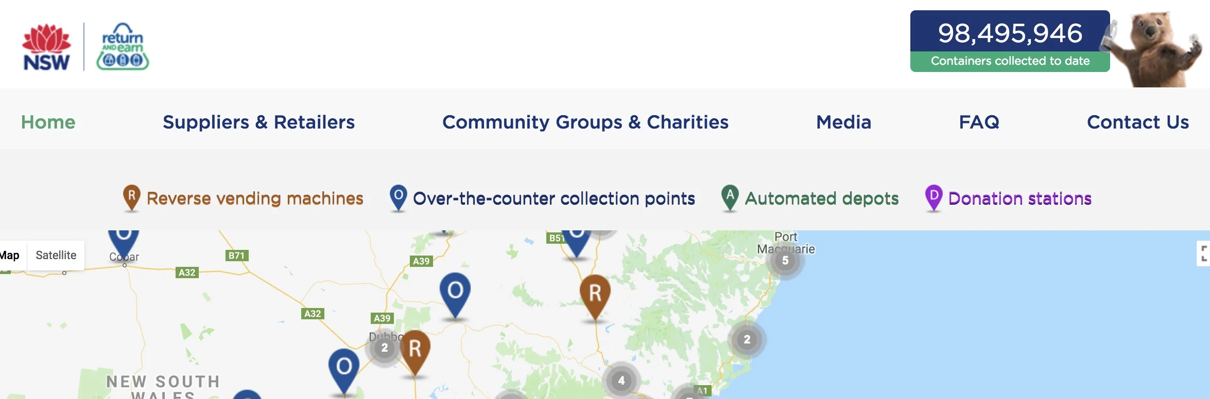 The website tracks the number of containers recycled