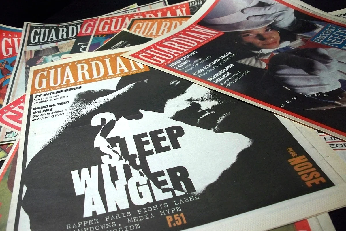 My first real job as Art Director was for the San Francisco Bay Guardian. I took the approach of trying to make the covers more appealing by stylizing them more like a magazine. The circulation increased 33%, but I think they preferred the newspaper look— they went back to it after I left.