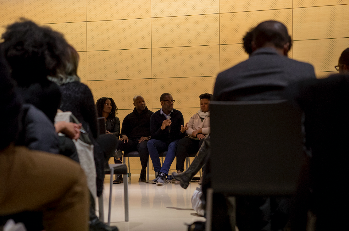 Photo Credit: AIGA NY. Panelists Left to Right Ronda Thompson — Creative Director, Essence Magazine, Tim Allen — Partner, Microsoft, Eddie Opara — Partner, Pentagram, Antionette Carroll — CEO, Creative Reaction Lab,