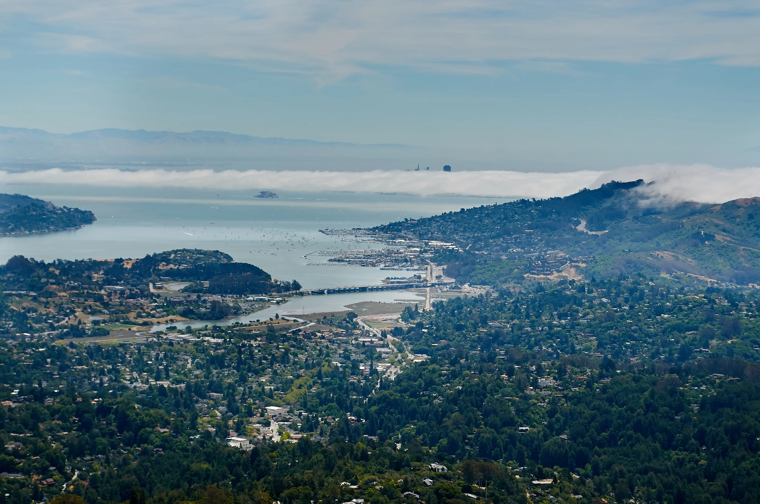 Richardson Bay Bridge, Sausalito, Alcatraz Island and the Pyramid Building in downtown San Francisco as seen from the Temelpa Trail above Mill Valley. Temelpa Trail Mt. Tamalpais, California D300 18mm- 55mm Nikon lens