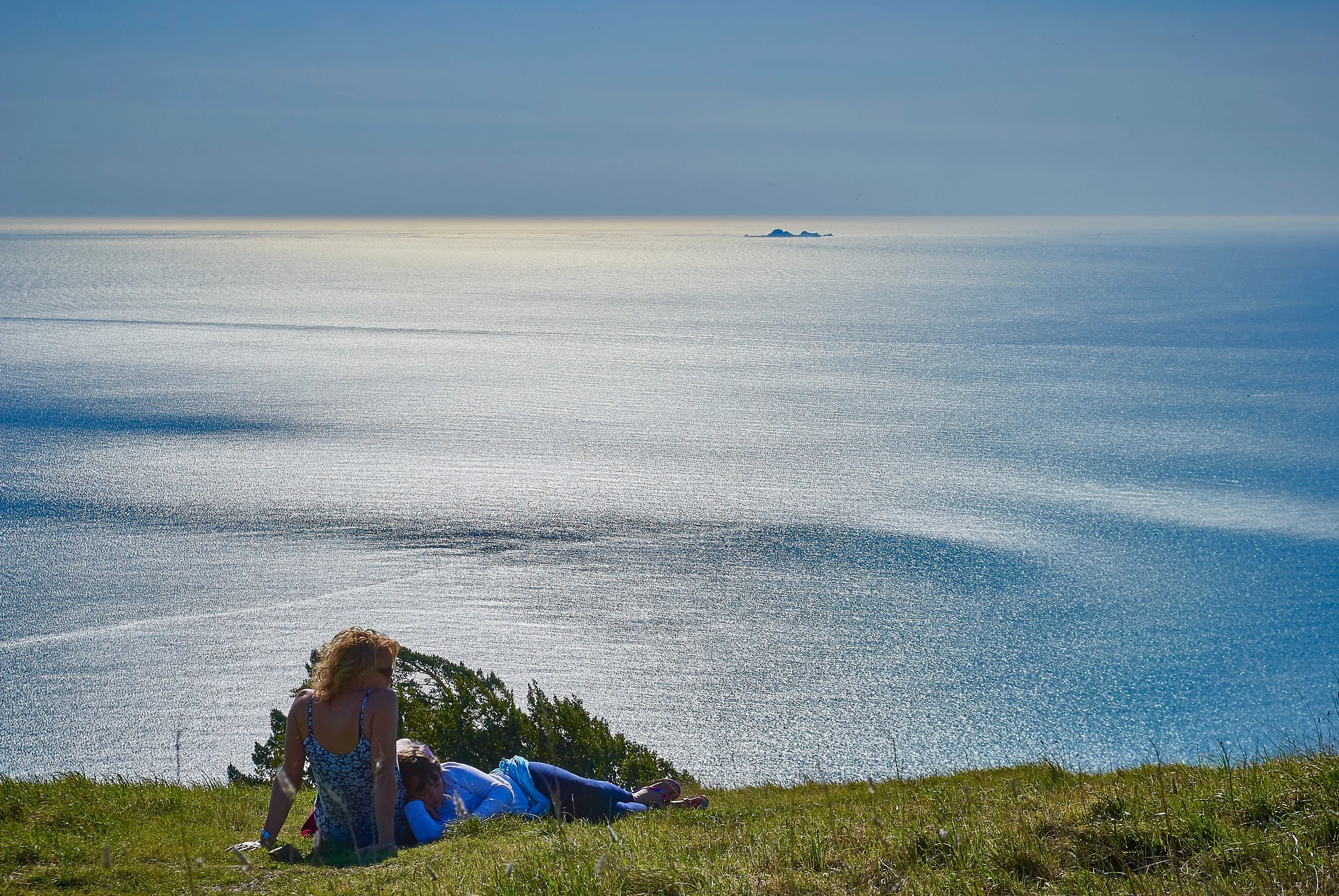 Shiloh and our eldest daughter Savannah resting on a hillside above Stinson Beach. The Farallon Islands can be seen in the distance.