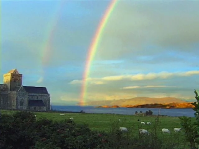 Double rainbow over the monastery on the island of Oban.