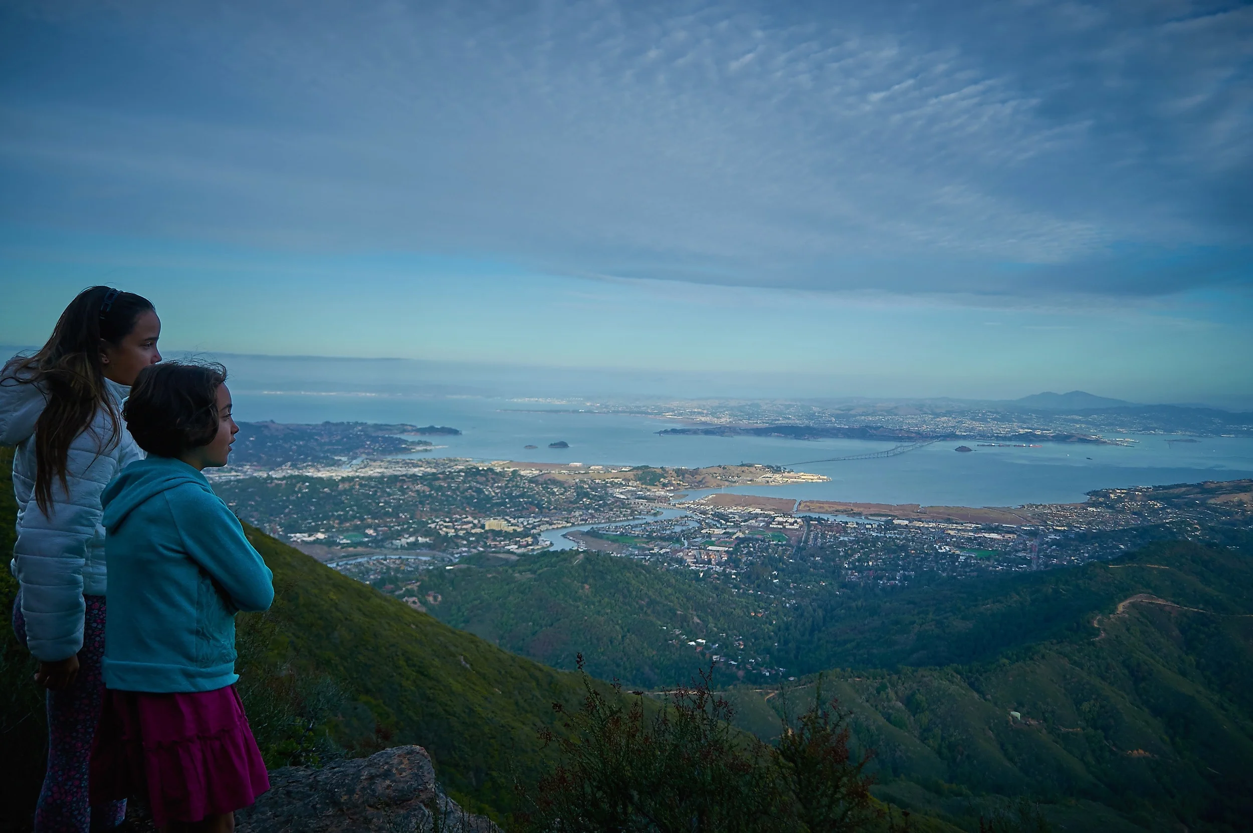 Charlotte and Savannah looking out from East Peak on Mt. Tamalpais towards the Richmond Bridge and the East Bay.