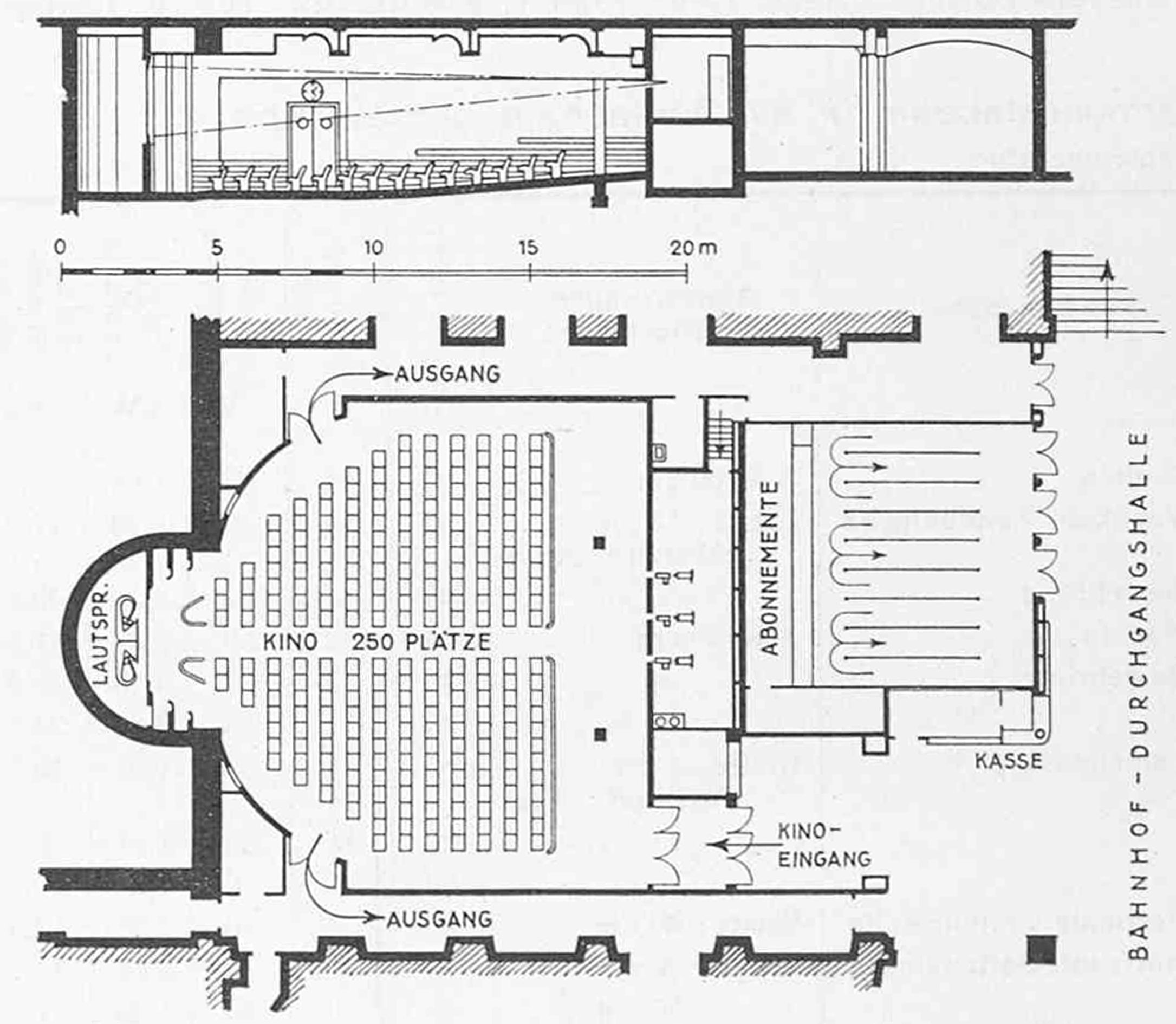 Archive drawings of the project of Cinéac Paris-Midi by Adrienne Gorska