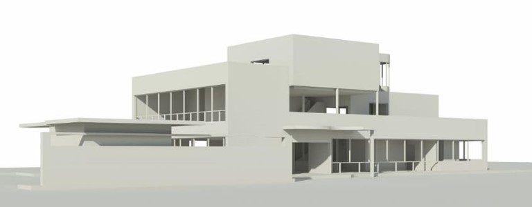 Harmonic ration and rendering view of the Restaurant building for the Centre de vacances by Eileen Gray 