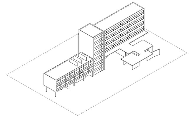 Harmonic ration and rendering view of the multi-storey hotel for the Centre de vacances by Eileen Gray