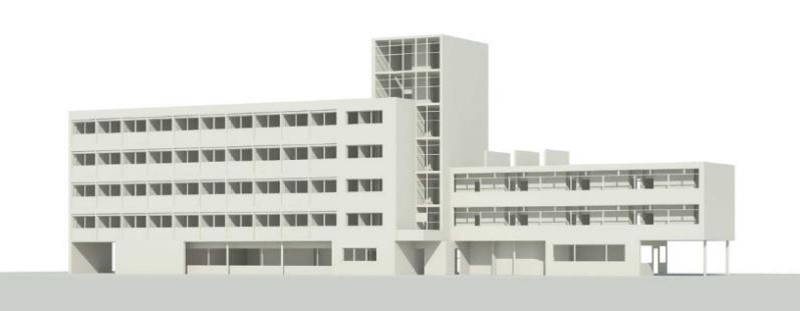 Harmonic ration and rendering view of the multi-storey hotel for the Centre de vacances by Eileen Gray