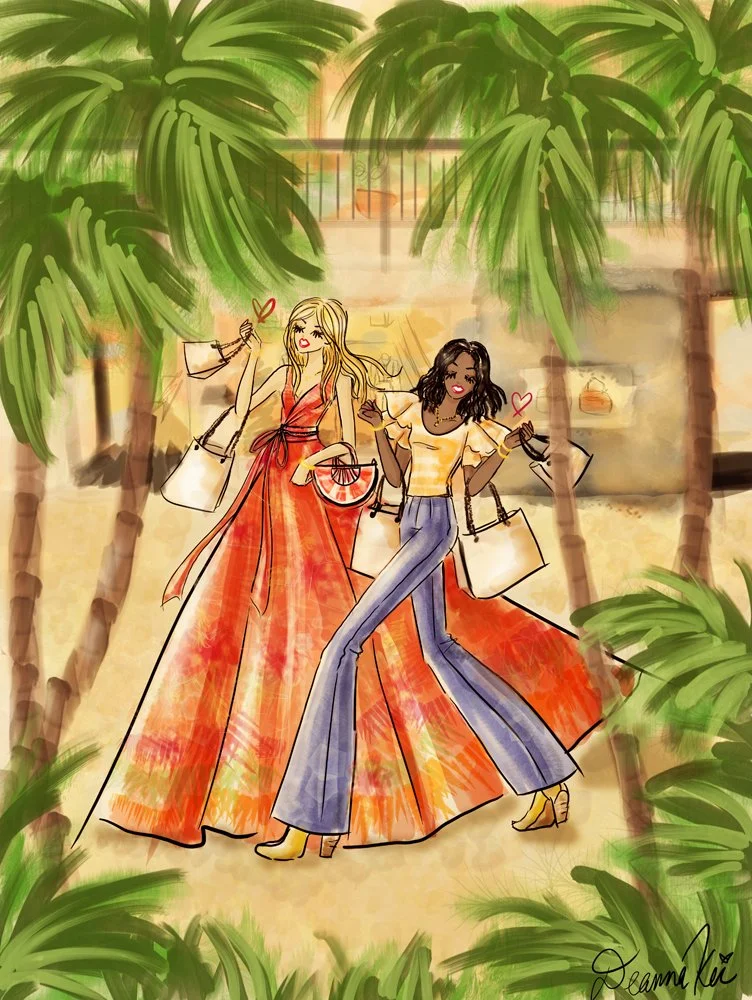 two women shopping surrounded by palm trees