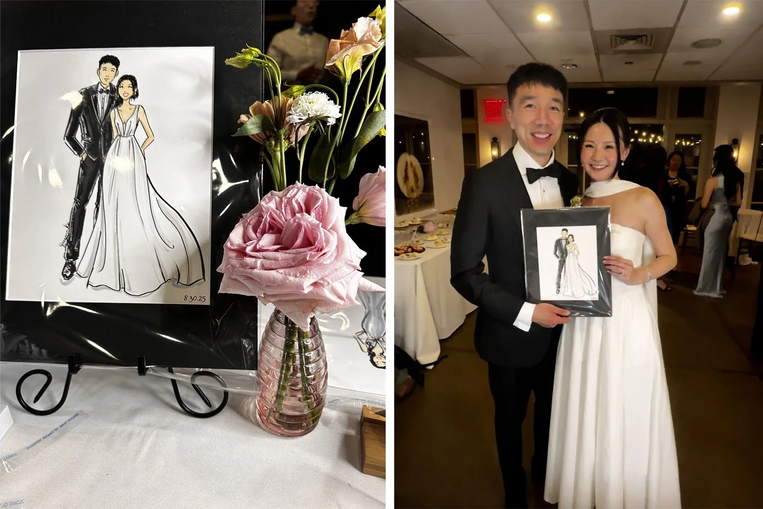 Bride and Groom holding a fashion illustration of them by Deanna Kei