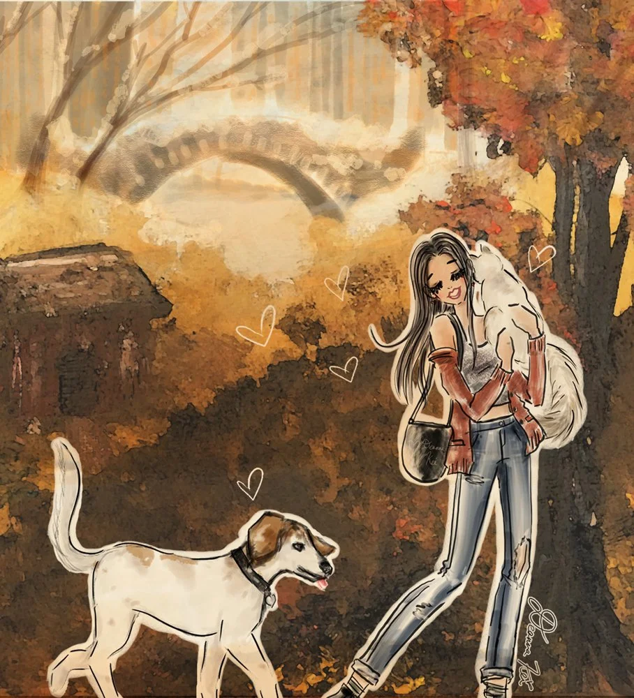 illustration of a woman with a cat and dog