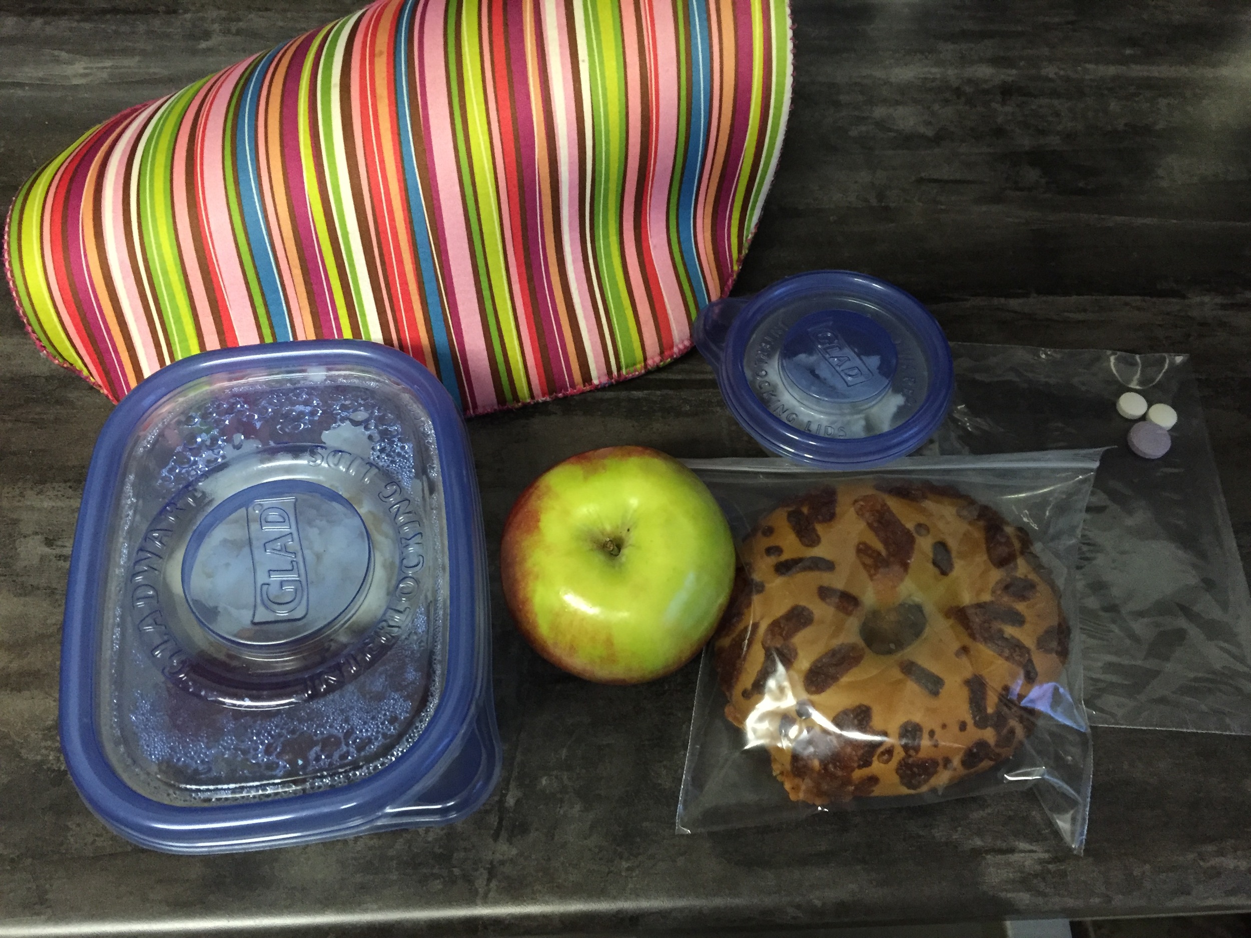 Bagel, cream cheese and apple for breakfast, mini meatloaf and mashed potatoes for lunch
