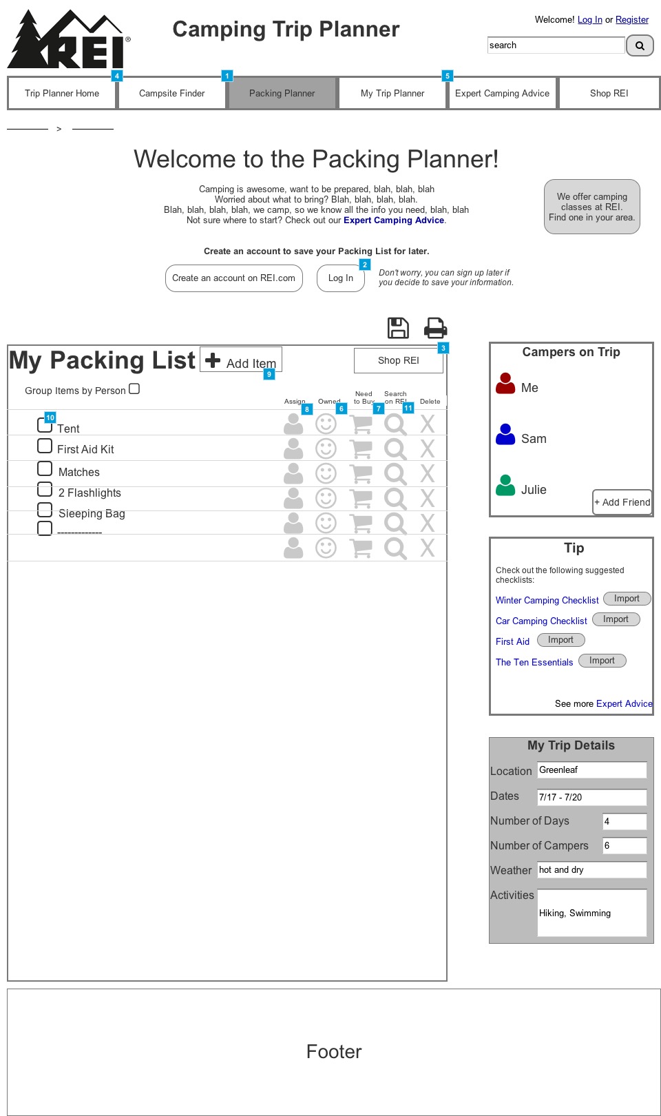 Packing Planner Wireframe