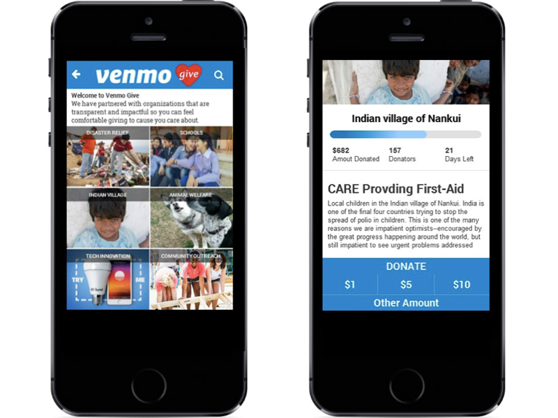 Venmo Give Donation Process Wireframes