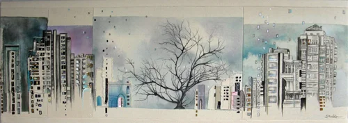 Cityscape 6 / 13.5" x 37" / Sewn & Mixed Media on Canvas / SOLD Ottawa Timeraiser 2010