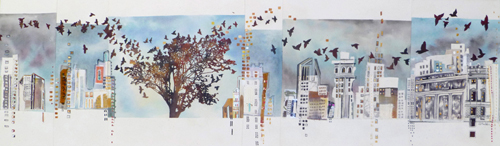 Cityscape 10 / 15.5" x 51.5" / Sewn & Mixed Media on Canvas / SOLD