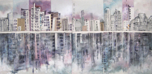 Cityscape Reflections 1 / 15.5" x 32" / Sewn & Mixed Media on Canvas / SOLD Vancouver Timeraiser 2010