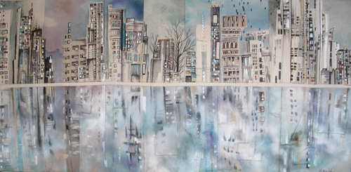 Cityscape Reflections 3 / 19" x 39" / Sewn & Mixed Media on Canvas / SOLD
