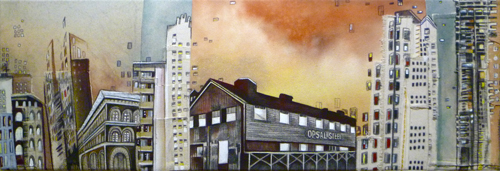 Opsal Living / 10" x 30" / Sewn & Mixed Media on Canvas / SOLD