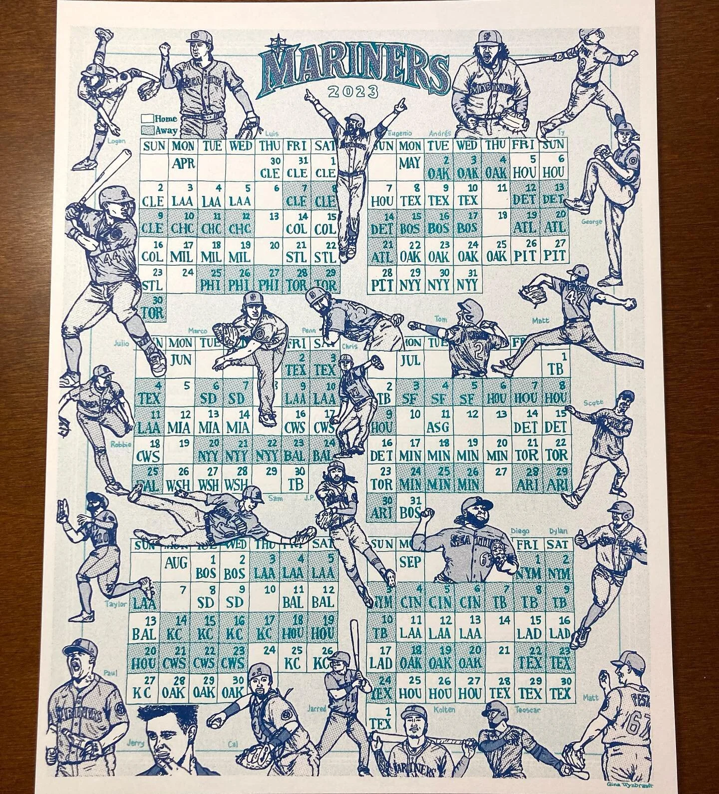 @bredpress printed this 2023 @mariners schedule I drew! 9&rdquo; X 12&rdquo; two color risograph. 😮&zwj;💨💙 available in my store, link in bio