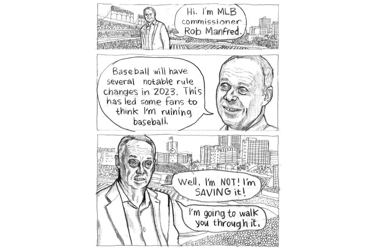 MLB NEW RULES 2023 ⭐️ did you know there are several rule changes in baseball this season? Rob Manfred and I made a helpful zine to explain it all to you! ⚾️ Available in my store now.