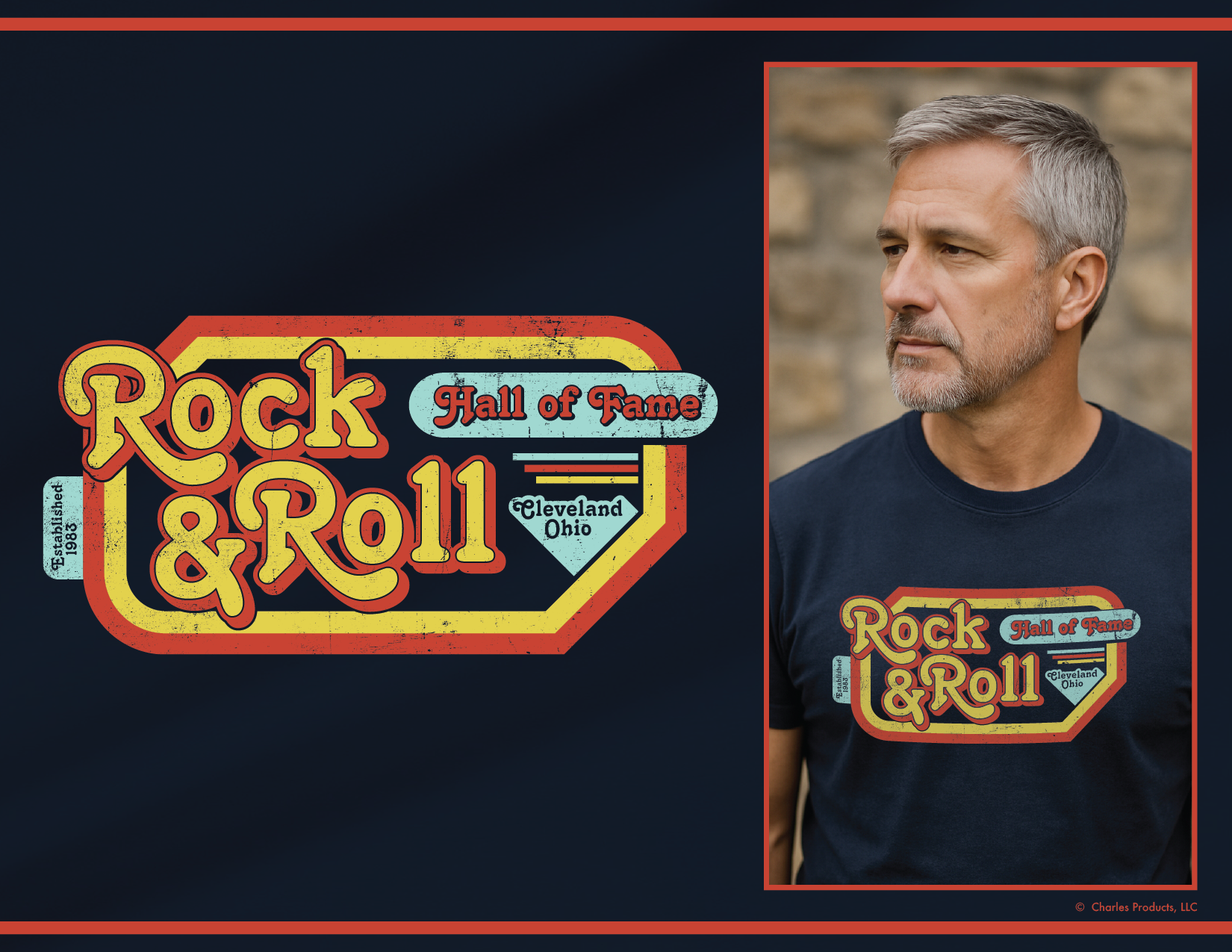  Rock &amp; Roll Hall of Fame, “Backstage Pass” design, shown on Navy T-Shirt 