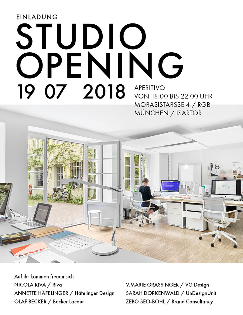 Invitation for a studio opening event on July 19, 2018, at Morasistrasse 4 in Munich, with an aperitivo from 6 pm to 10 pm, featuring a bright modern office with large windows and several desks with computers.