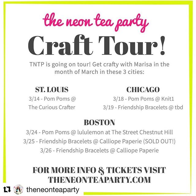 ・・・
Sharing our official TNTP Craft Tour schedule!!! ✈️ ST. LOUIS CHICAGO BOSTON here we come!!!! We're hoping to add a Friendship Bracelet Workshop to our Chicago visit, so stay tuned for info on that. Meanwhile, tickets to all our other workshops are LIVE! Link in bio Click "TNTP Workshops" for more info + tickets! #tntptour
⠀
ST. LOUIS ⠀
3/14 - Pom Poms @thecuriouscrafterstl
CHICAGO ⠀
3/18 - Pom Poms @knit1chgo ⠀
3/19 - Friendship Bracelets @ tbd!
you can sign up through our website at www.knit1chgo.com
BOSTON⠀
3/24 - Pom Poms at lululemon @shopthestreet Chestnut Hill⠀
3/25 - Friendship Bracelets @calliopepaperie (SOLD OUT!)⠀
3/26 - Friendship Bracelets @calliopepaperie⠀ ⠀
.⠀
.⠀
.⠀
.⠀
.⠀
#ABMlifeiscolorful#psimadethis #dscolor #crafttherainbow#creativityfound #abmcrafty #dslooking #dstexture#myunicornlife #candyminimal#huntgramcolor #livecolorfully #studiodiymoreismore#bandofun #thatsdarling #creativehappylife #igers #ABMlifeisbeautiful #ABMhappylife #flashesofdelight#alwayschasingmagic #capturingingcolor #colorcolourlover #theneonteaparty