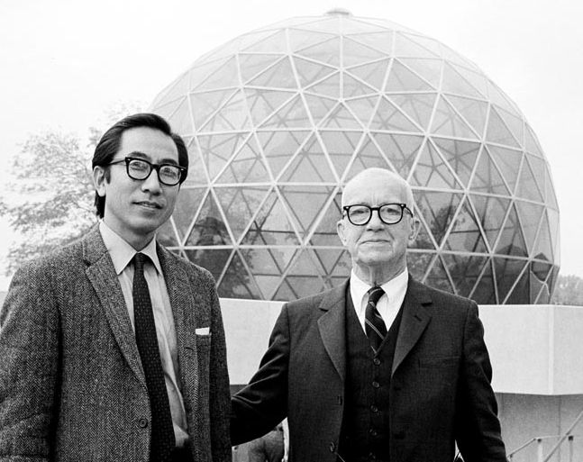 Shoji Sadao and Buckminster Fuller in front of the Center's dome in 1971