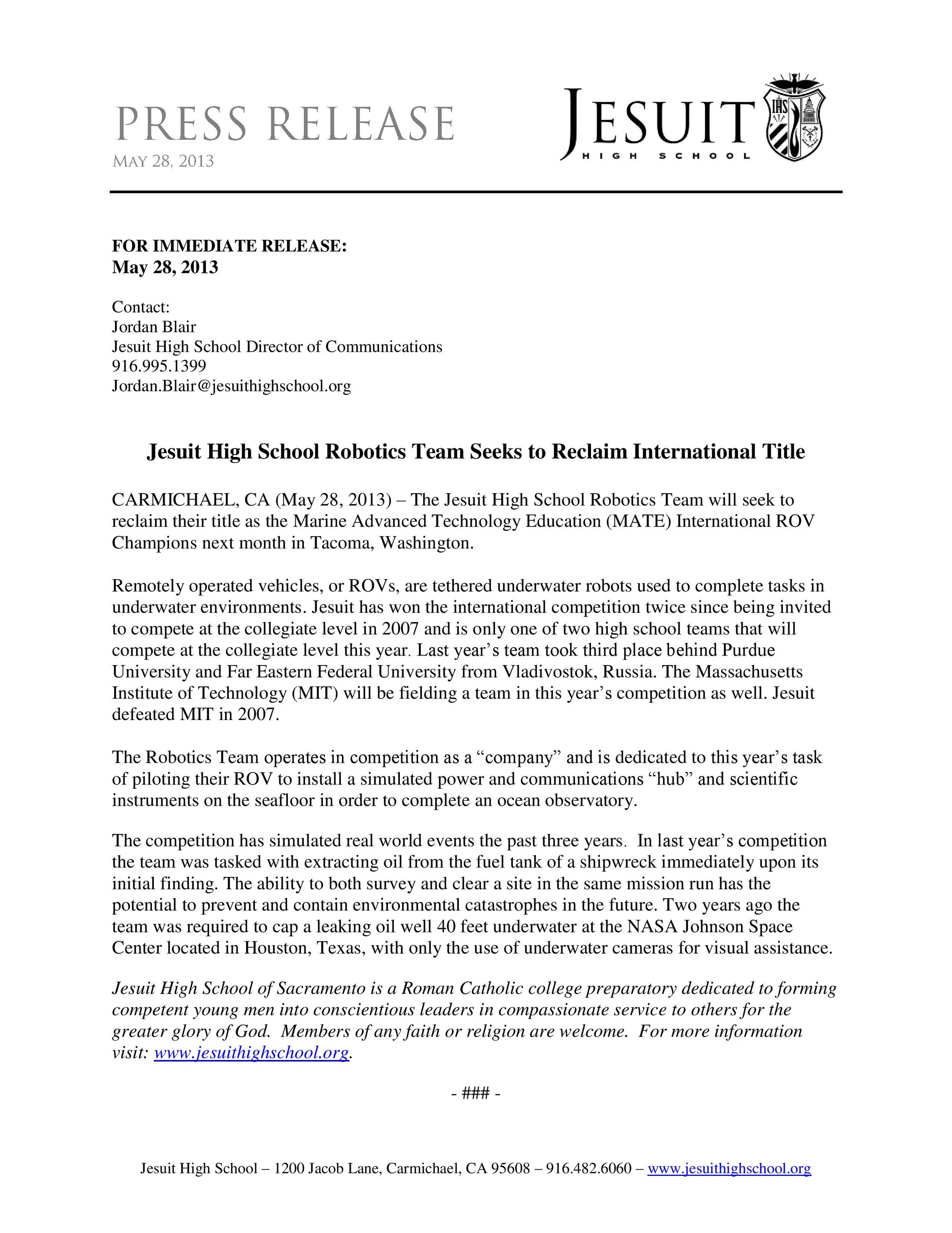 Press Release - Jesuit Robotics