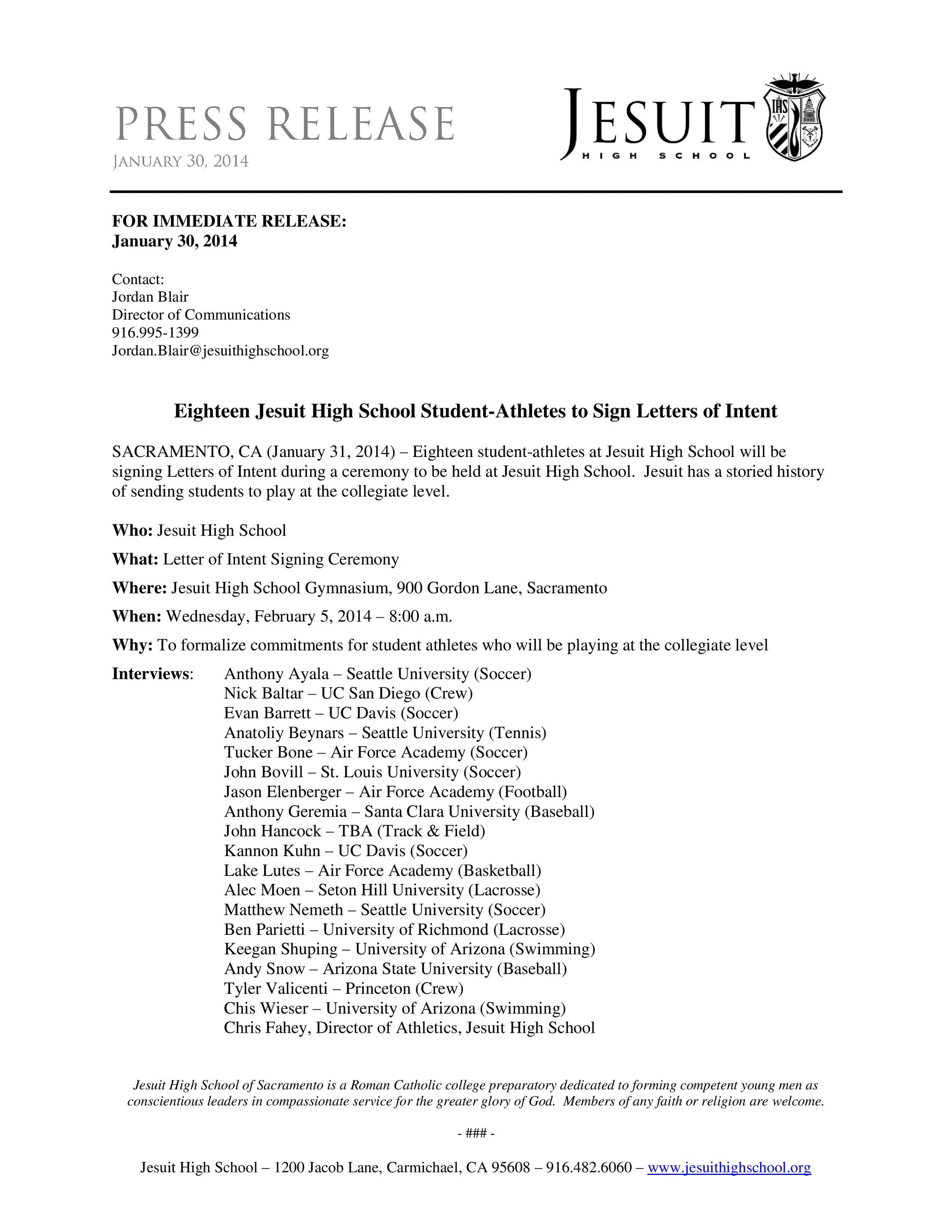 Media Advisory - Jesuit Letter of Intent