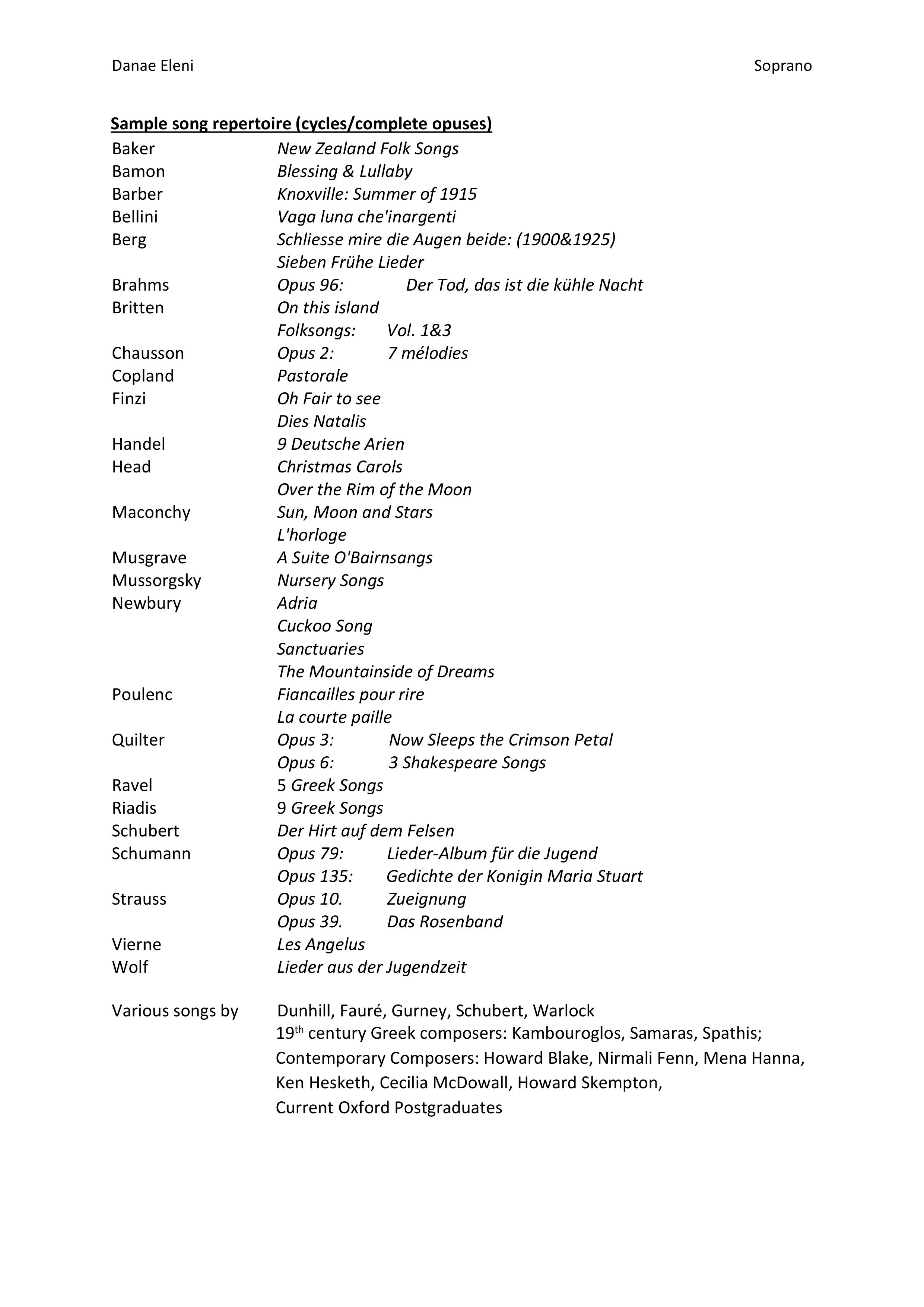 Danae Eleni Soprano Repertoire List November 2015