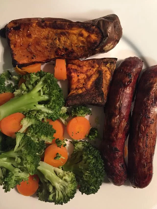 Another regular dinner - kangaroo sausages, sweet potato and veggies.&nbsp;