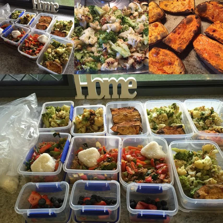 A weeks worth of lunches, extra rice and sweet potato for the freezer and 3 portions of fruit