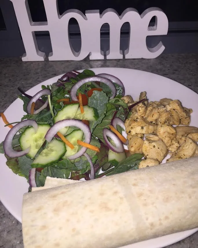 A very quick lunch/dinner idea - Cajun seasoned chicken with a side of garden salad and mountain bread wraps