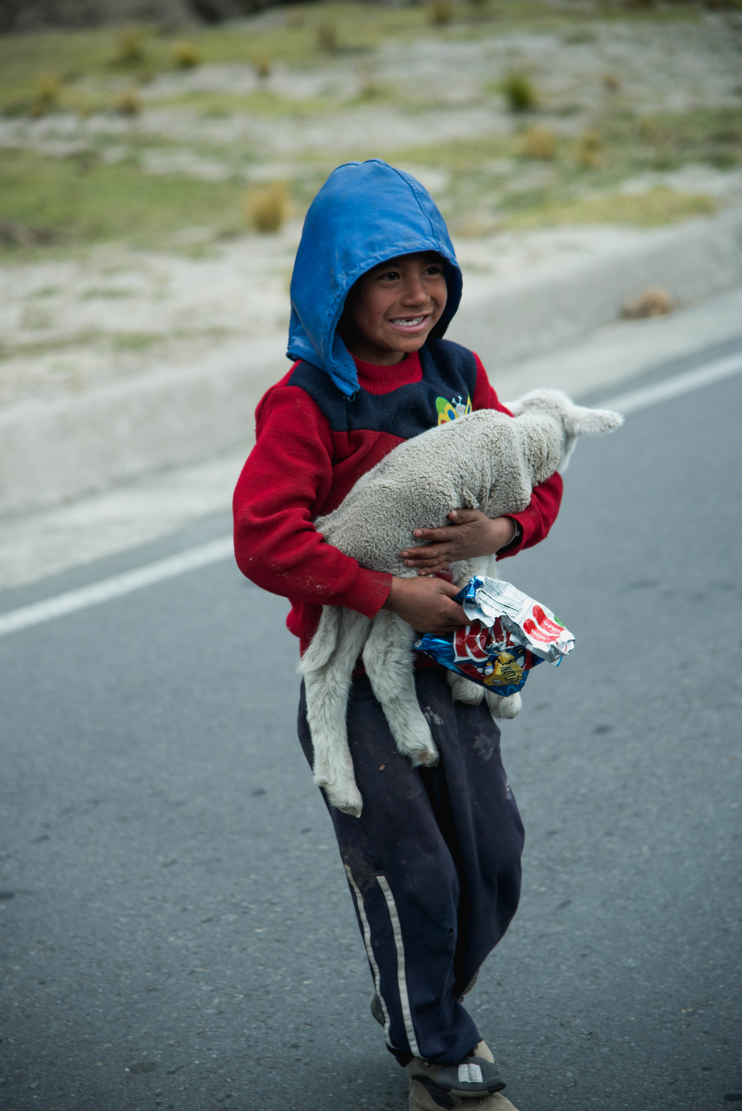  Our driver stopped as we drove past this boy who was sitting on the curb with his newborn lamb. He handed the boy his potato chips and zoomed off while the boy's smile quickly reached from ear to ear. 