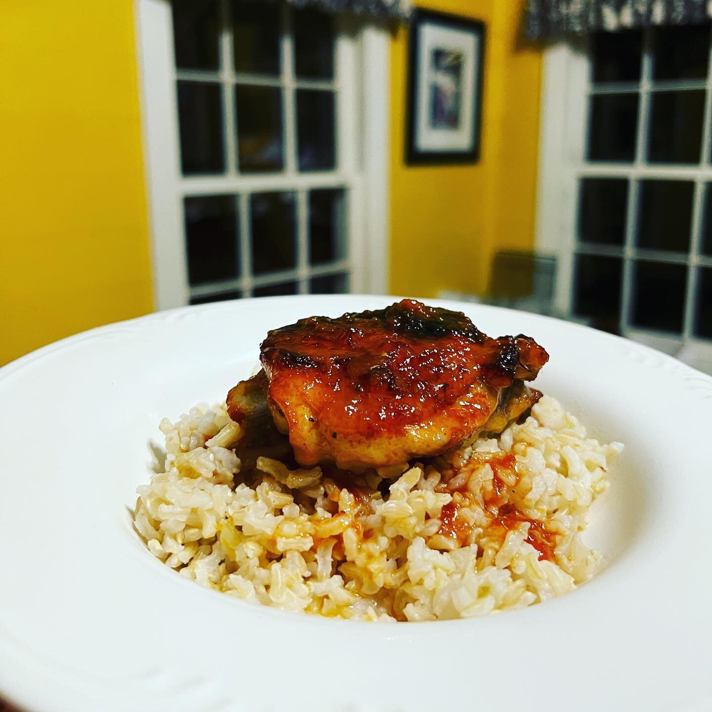 All North Carolina right here!!! How her own Crossings chicken thighs pan roasted in Cousin Eddie&rsquo;s Mild BBQ sauce on a bed of Tidewater Grain brown rice!  How&rsquo;s that for local!!