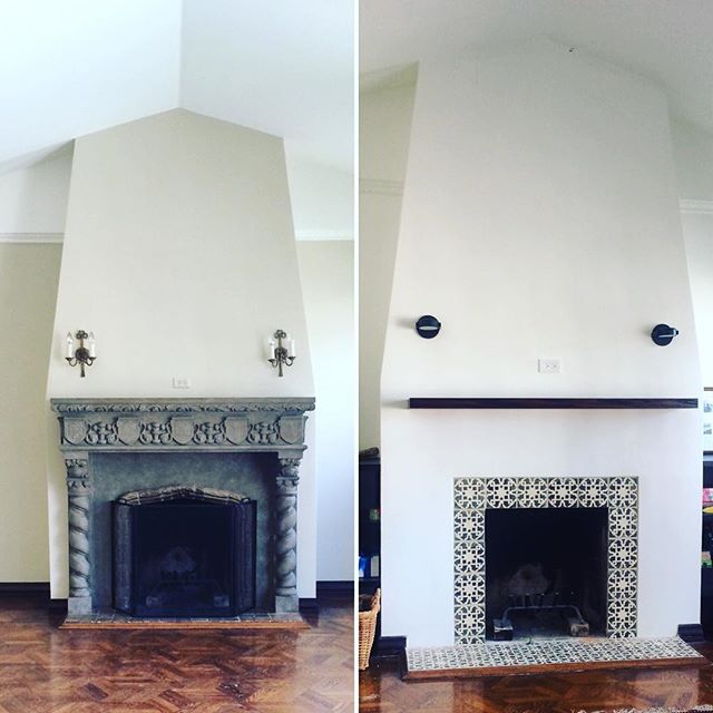 Fireplace before....and after. New cement tiles, custom mantle, contemporary sconces.