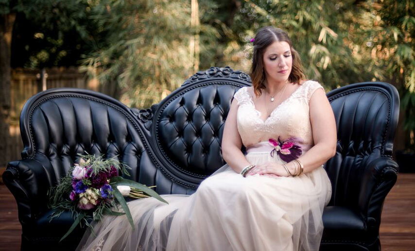 bridal sash and boquet photo: Mikenzie Myrick wedding location at Articulture Designs