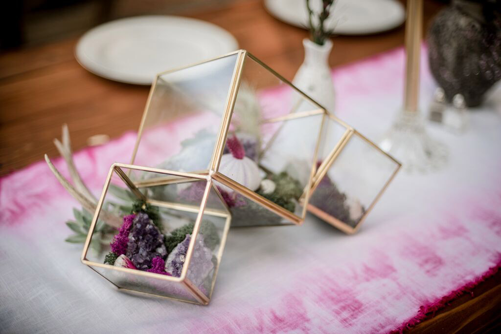 wedding centerpiece | cube terrarium trio photo: Mikenzie Myrick wedding location at Articulture Designs