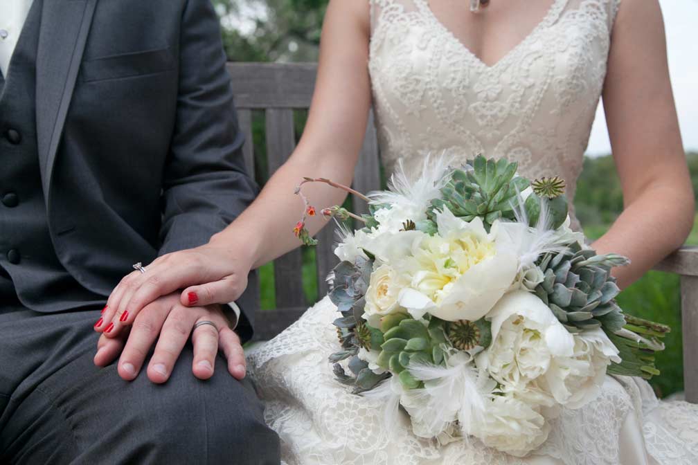 succulent bridal bouquet with peonies, poppies, feathers photo: Stella Alesi