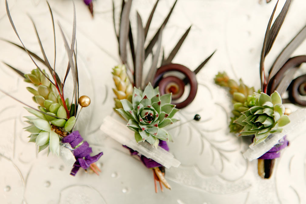 succulent and crystal boutonnieres photo: Katherine O'Brien