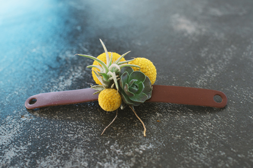 succulent and leather corsage photo: Nathan Russell