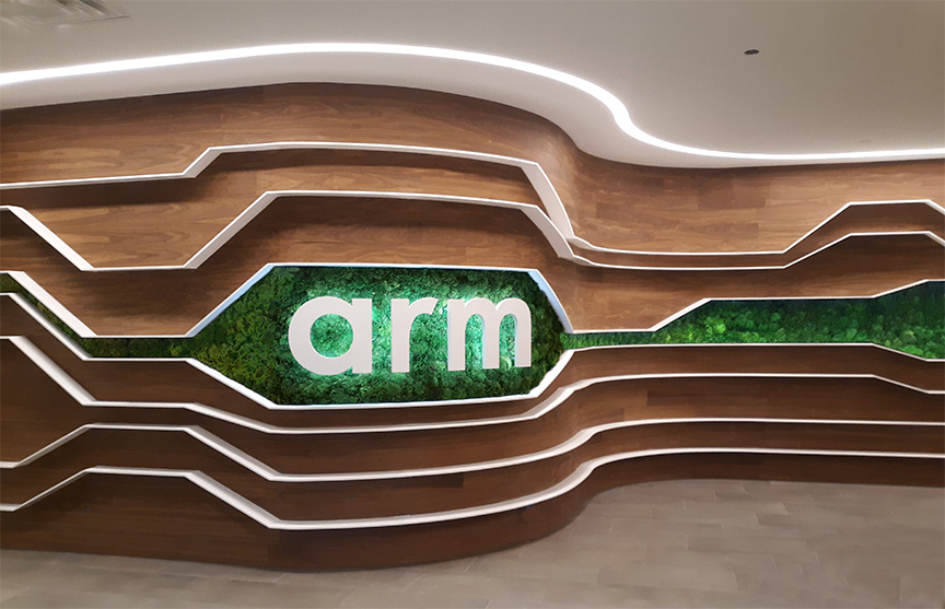preserved moss wall with backlit logo | arm Austin office